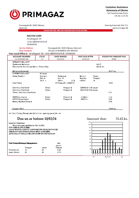 Denmark Primagaz Denmark gas business utility bill in word and pdf formats